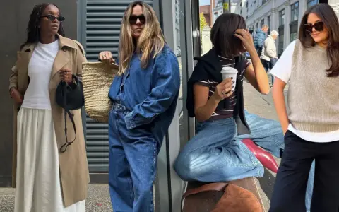 Four women showcase stylish semi-casual attire: trench coat with skirt, denim jumpsuit, striped top with wide-leg jeans, and a vest over a t-shirt with black pants.