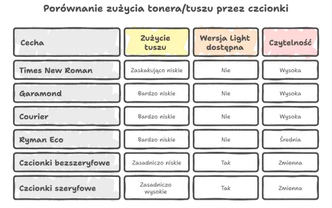 Porównanie zużycia tuszu przez popularne czcionki: Times New Roman, Garamond, Courier, Ryman Eco, bezszeryfowe i szeryfowe.