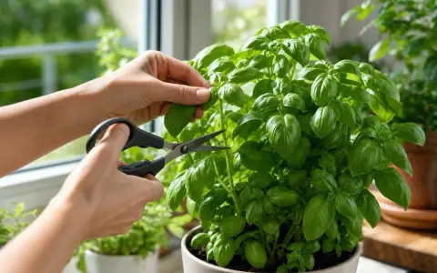 Coup de ciseaux pour récolter des feuilles fraîches d'un basilic en pot luxuriant, prêt à parfumer vos plats.