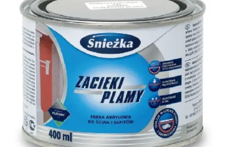 Puszka farby akrylowej Śnieżka "Zacieki i Plamy" 400 ml, przeznaczona do usuwania śladów po wodzie i zabrudzeń.