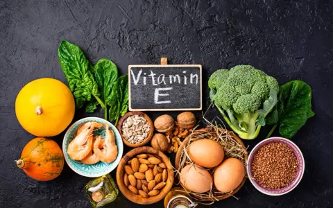 Assortiment d'aliments riches en vitamine E : courges, épinards, crevettes, noix, amandes, graines de tournesol, œufs, brocolis et sarrasin.