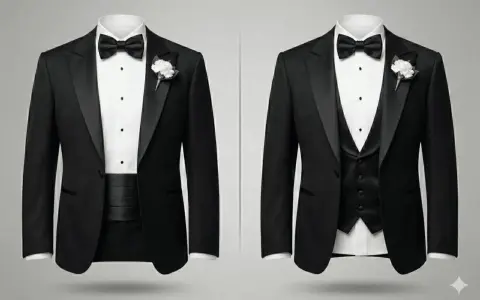 Two tuxedos shown. Left: tuxedo with cummerbund. Right: tuxedo with vest, demonstrating how to wear a tuxedo vest.