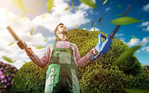Un jardinier, pensif, tient deux taille-haies, prêt à savoir quand tailler les haies. Le ciel bleu et les feuilles volantes créent une scène idyllique.
