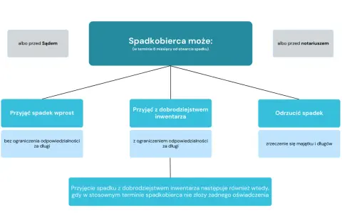Spadkobierca może przyjąć spadek wprost, z dobrodziejstwem inwentarza lub odrzucić spadek, co oznacza zrzekanie się długów.