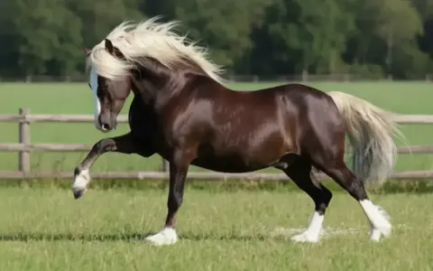 Magnifique étalon brun à la crinière blonde, en pleine saillie cheval dans un pré verdoyant.