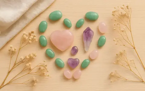 Cristales en forma de corazón y ovalados, incluyendo amatista y cuarzo rosa, dispuestos en un círculo. Una piedra equilibrio emocional.
