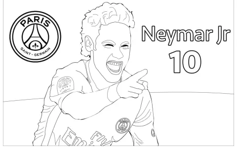 Neymar Jr do druku, z numerem 10 i herbem PSG. Ciesz się kolorowaniem!