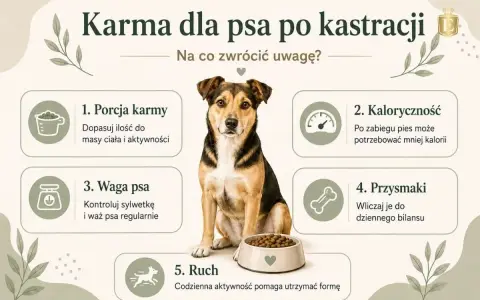 Uroczy piesek przy misce z karmą. Porady dotyczące żywienia psa po kastracji: porcja, kaloryczność, waga, przysmaki i ruch.