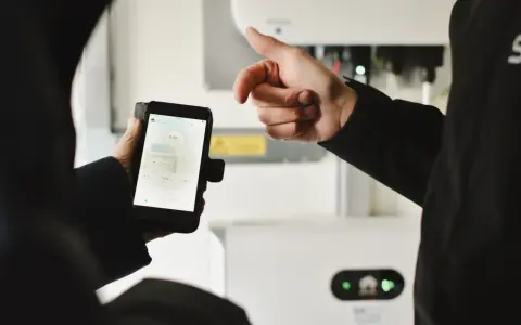En person håller upp en mobiltelefon med sesol appen som visar solenergi-data. En annan person pekar mot en vit enhet i bakgrunden.
