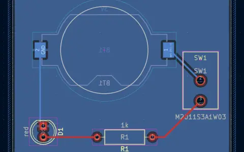 Schaltplan-Ansicht: GND, VCC, Widerstand R1 (1k), Diode D1 und Schalter SW1. Hilfreich, um die **Teilenummer herauszufinden**.