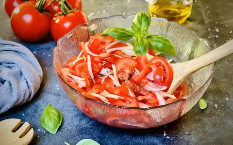 Frischer tomatensalat mit zwiebeln, garniert mit Basilikum. Daneben liegen frische Tomaten und ein Holzlöffel.