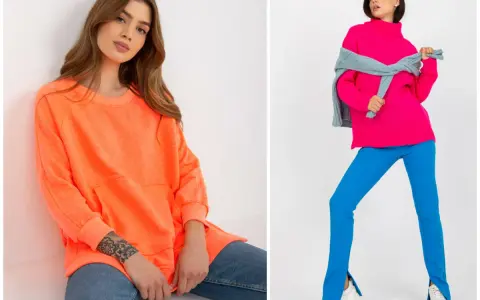 Dwie kobiety w stylizacjach z neonowymi kolorami: jedna w pomarańczowej bluzie i jeansach, druga w fuksjowym golfie i niebieskich spodniach.