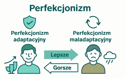 Nadmierny perfekcjonizm: adaptacyjny prowadzi do sukcesu (wykresy, uśmiech), maladaptacyjny do smutku (chmura, deszcz).