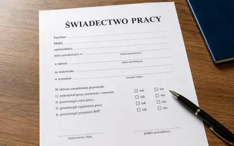 Świadectwo pracy z polami do wypełnienia, w tym okresy zatrudnienia. Długopis i notatnik sugerują formalne sprawy.