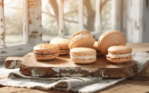 Douceurs de Pâques : des macarons aux teintes pastel, garnissent une planche en bois rustique, baignés d'une lumière douce.