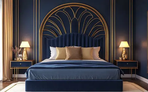 Chambre bleu nuit et doré, avec un lit luxueux, des tables de chevet assorties et un éclairage doux.