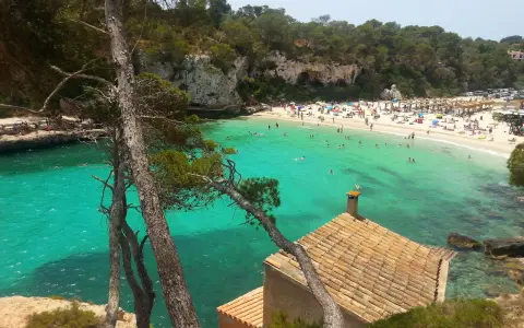 Majorka: turkusowa woda, piaszczysta plaża pełna ludzi i parasoli, skaliste klify, sosny i mały domek z czerwoną dachówką.