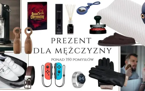 Kolaż prezentów dla mężczyzny: saturator, książka, dyfuzor, lokalizator, buty, pasek, kontrolery, zegarek, rękawiczki, kapcie, poduszka, masażer.