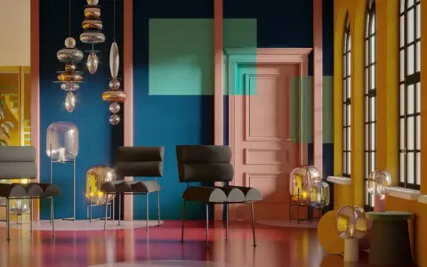 Nowoczesne wnętrze z designerskimi meblami i lampami, gdzie dominują ciepłe kolory: żółty, pomarańczowy i różowy, kontrastujące z granatową ścianą.
