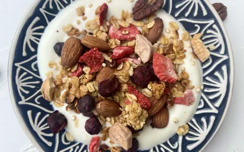 Schüssel mit Joghurt, selbstgemachtem Granola, Mandeln, gefriergetrockneten Erdbeeren und Blaubeeren.