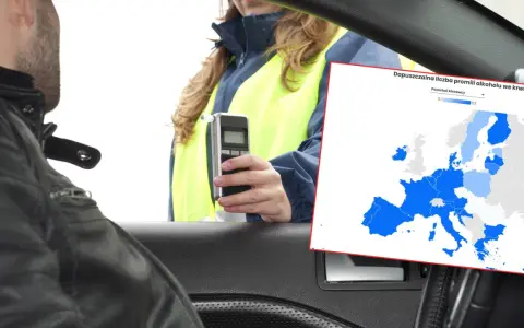 Policjantka bada kierowcę alkomatem. Obok mapa Europy z dopuszczalną normą alkoholu we krwi.
