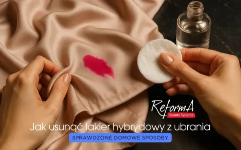 Jak usunąć lakier hybrydowy z ubrania? Wacik nasączony płynem do usuwania lakieru i plama na jedwabiu.