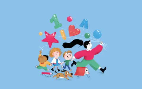 Bambini e un adulto corrono felici con palloncini e simboli di apprendimento, un'allegra rappresentazione di metodologie didattiche inclusive.