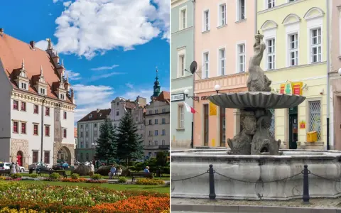 Nysa atrakcje: kolorowy rynek z fontanną i kamienicami, zielony skwer z kwiatami i ławkami.