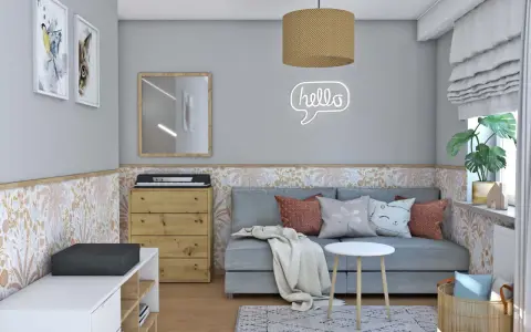 Przytulny, mały pokój dziecięcy w bloku. Na ścianie neonowe "hello", obok kanapy komoda z keyboardem.