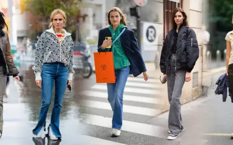 Cinque donne sfoggiano un outfit jeans a zampa e sneakers, con stili diversi e accessori alla moda.