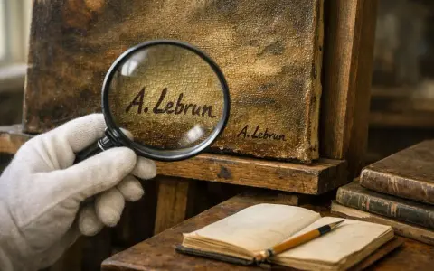 Examining a painting's signature with a magnifying glass is key to how to date a painting. The cracked texture and aged look suggest a historical piece.