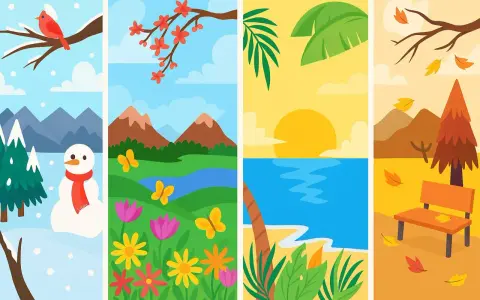 Cuatro escenas que ilustran las estaciones del año en francés: invierno nevado, primavera florida, verano playero y otoño con hojas cayendo.