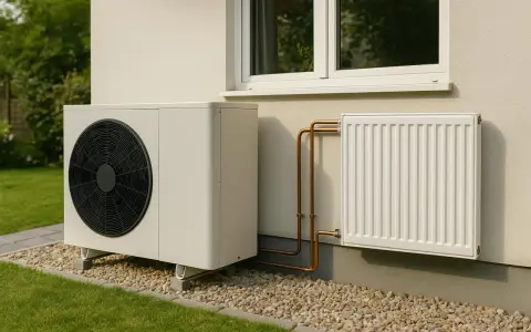 Unité extérieure d'une pompe à chaleur installée près d'un radiateur électrique blanc, avec des tuyaux en cuivre reliant les deux.