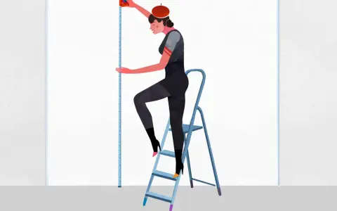 Mujer con boina mide una pared mitad papel, mitad pintura.