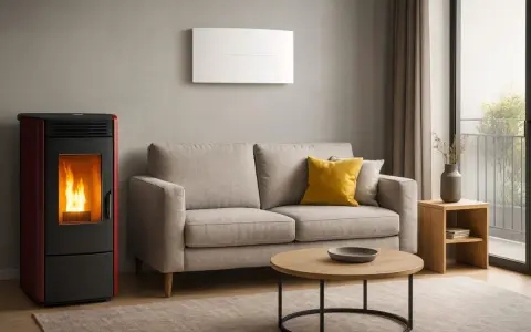 Stufa a pellet moderna con fiamme vive, accanto a un divano beige e un tavolino. Un'elegante soluzione per riscaldare casa, attenzione al monossido di carbonio.