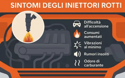 Sintomi di iniettori macchina rotti: difficoltà all'accensione, consumi aumentati, vibrazioni, rumori e odore di carburante.