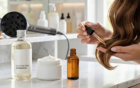 Rutina para saber como hidratar el pelo: champú sin sulfatos, crema y aceite capilar.