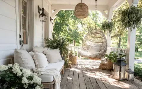 Porche pequeño entrada casa con banco, sillón colgante de mimbre y plantas.