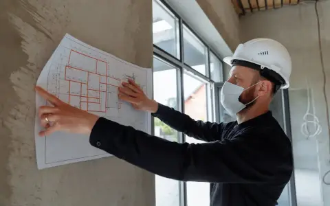 Specjalista BHP w białym kasku i masce analizuje projekt budowlany przyklejony do ściany.