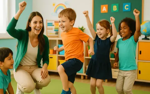 Niños y maestra celebran, mostrando su **capacidad psicomotriz** con alegría en un aula colorida.