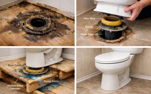 Illustrates toilet wax ring replacement, showing a damaged flange, a new wax ring, and potential subfloor water damage.