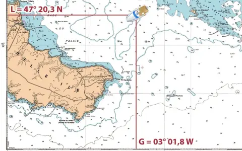 Carte de navigation maritime de la région de Belle-Île, avec une illustration de bateau.