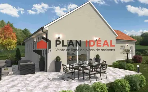 Plan maison plain-pied senior : une villa moderne avec terrasse aménagée, idéale pour profiter de l'extérieur en toute sérénité.
