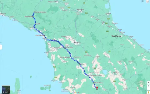 Mappa di un itinerario che attraversa la Toscana, da Pontremoli a Radicofani, toccando città come Lucca, Firenze, Siena.