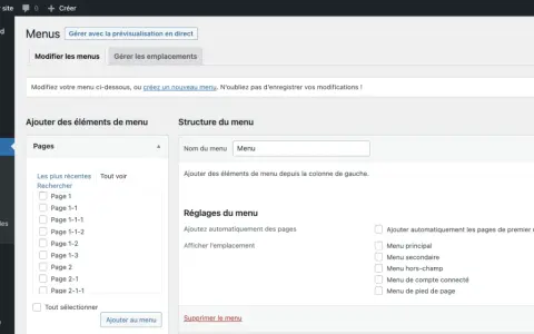 Interface WordPress pour la gestion des menus, permettant de créer et modifier un wordpress dropdown menu.