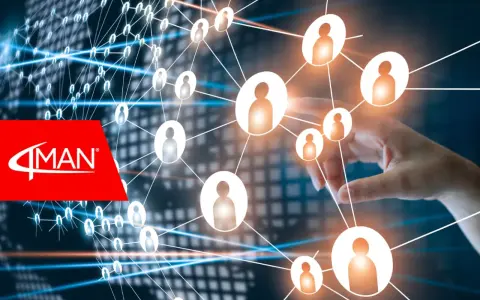 Logo 4MAN su sfondo di rete globale con icone di persone, che simboleggia il fare networking.
