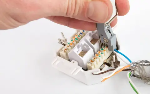 Hand legt Kabel an Netzwerkdose auf. Werkzeug drückt blaue Ader in LSA-Leiste.