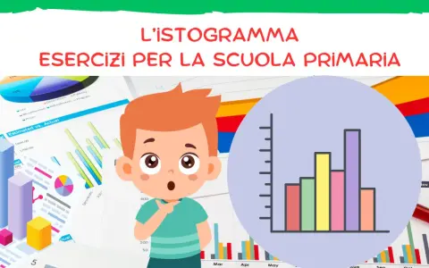 Un bambino sorpreso guarda un istogramma delle vacanze scuola primaria, con grafici e diagrammi sullo sfondo.