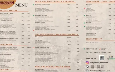 Menu z Czarnogóry: przystawki, makarony, ryby, pizze i desery. Ceny w euro, np. pizza 9,9€, ryba 5,9€/100g.