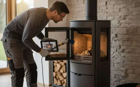 Un technicien examine un poêle à granulés Cadel avec une tablette, peut-être pour diagnostiquer un problème.